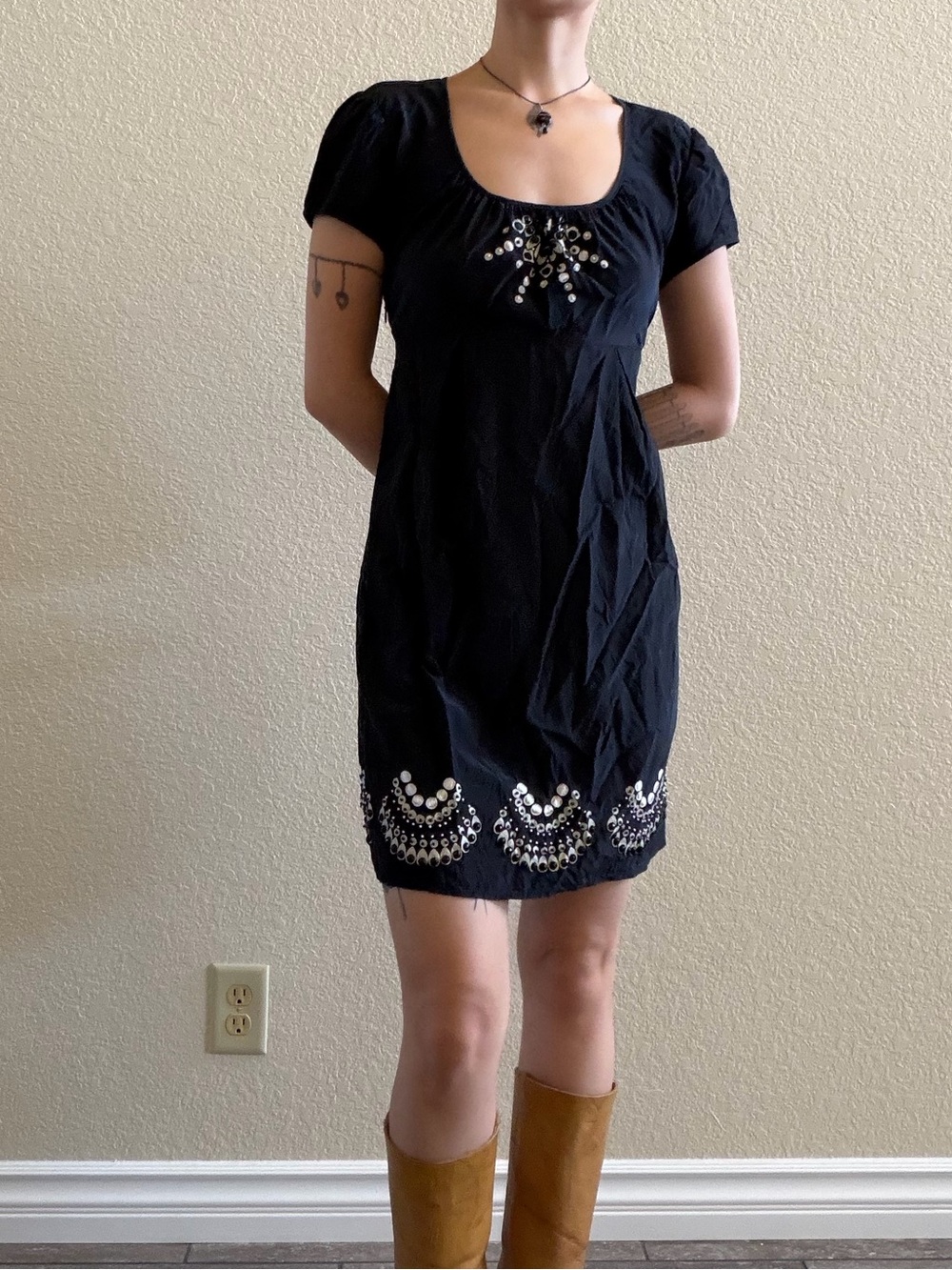 Vintage y2k black silk Short Sleeve Embellished babydoll milkmaid Mini Dress